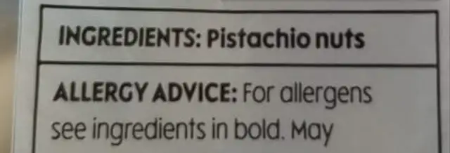 Roasted Pistachios ingredients label