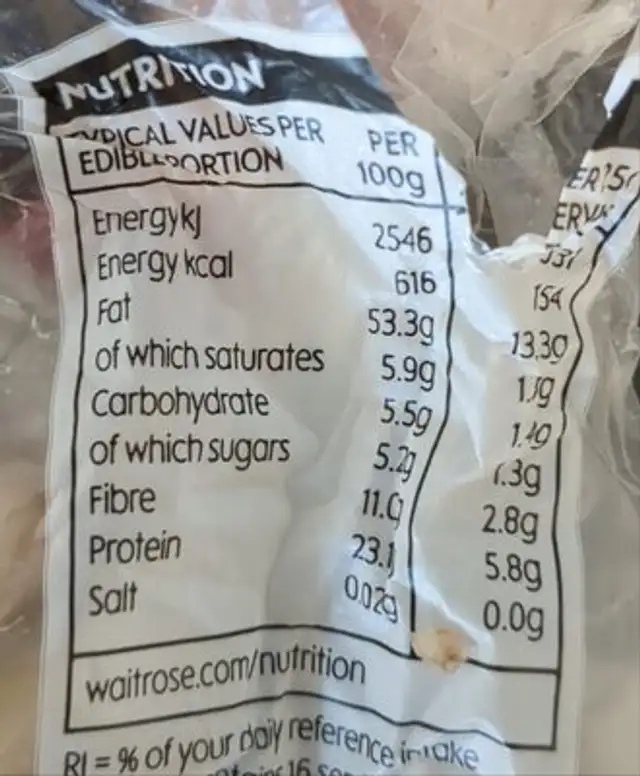 Roasted Pistachios nutrition facts table
