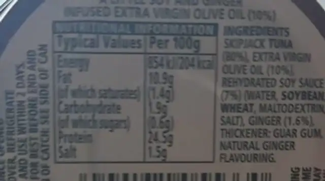 Tuna infusions soy and ginger nutrition facts table