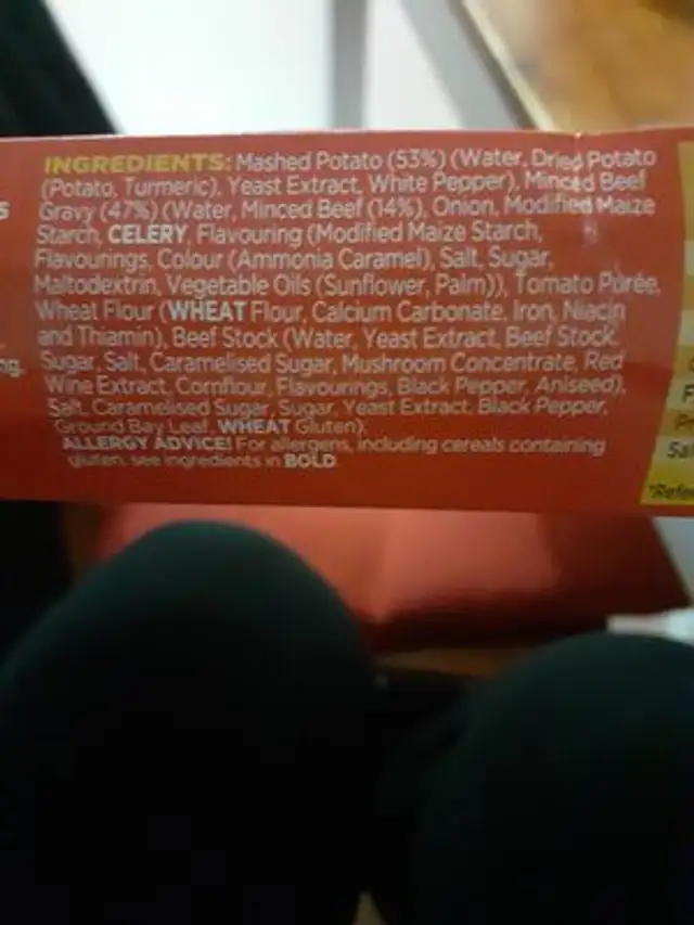 Cottage pie ingredients label
