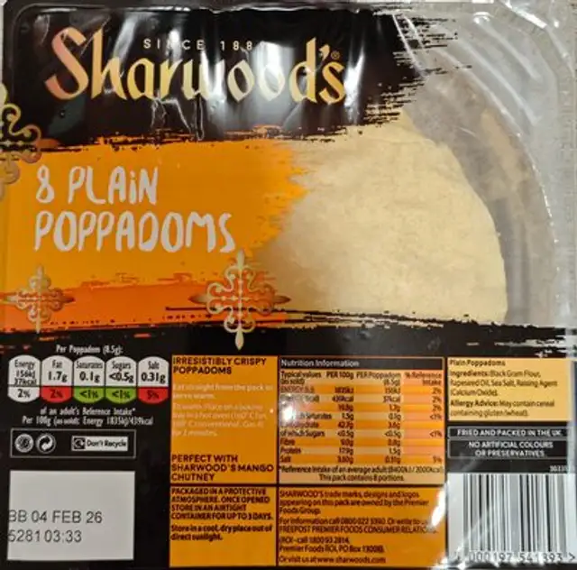 Sharwoods RTE Plain Poppadoms 8pk front packaging