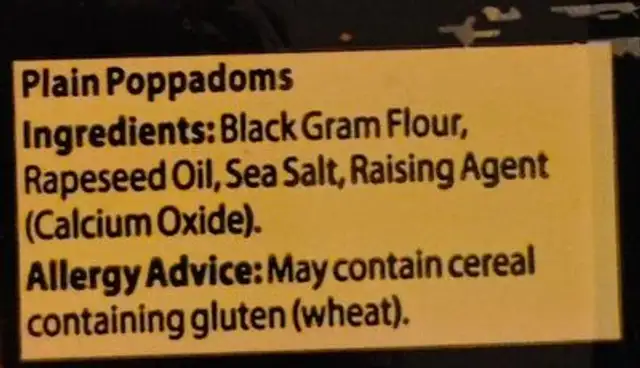 Sharwoods RTE Plain Poppadoms 8pk ingredients label