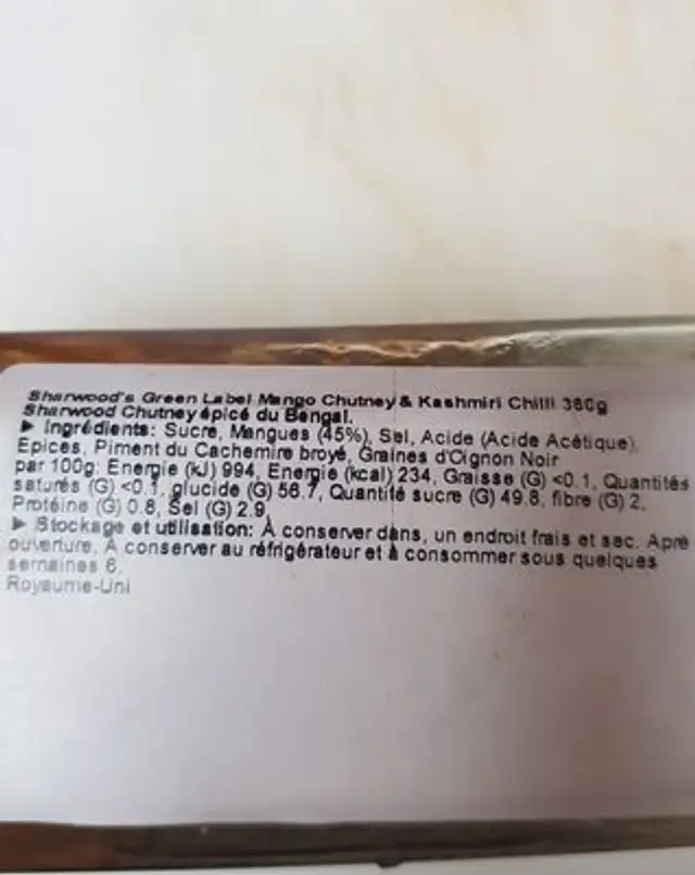 Mango Chutney & Kashmiri Chilli ingredients label