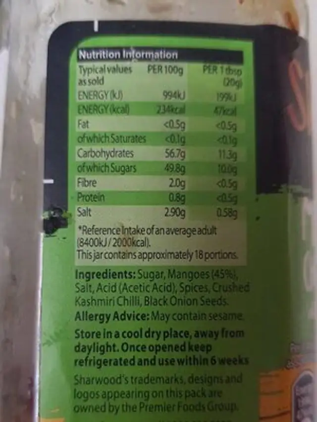 Mango Chutney & Kashmiri Chilli nutrition facts table