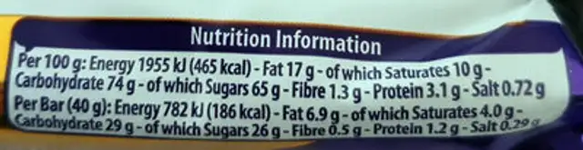 Cadbury Crunchie Std 40g nutrition facts table