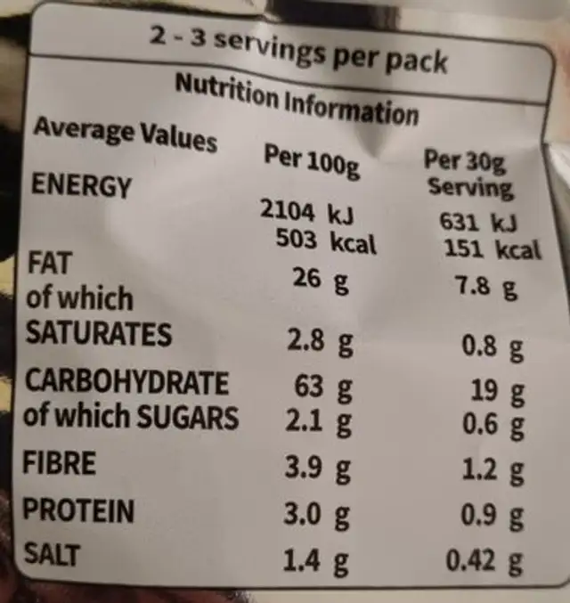 Pom-Bear crisps Original nutrition facts table