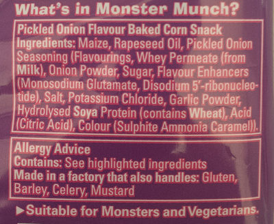 Monster Munch Pickled Onion Snacks ingredients label