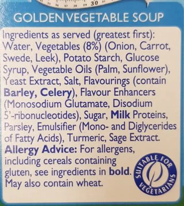 Slim a Soup Golden Vegetable 4 Pack ingredients label