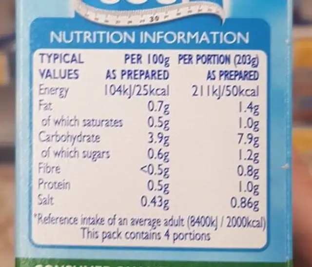 Slim a Soup Golden Vegetable 4 Pack nutrition facts table