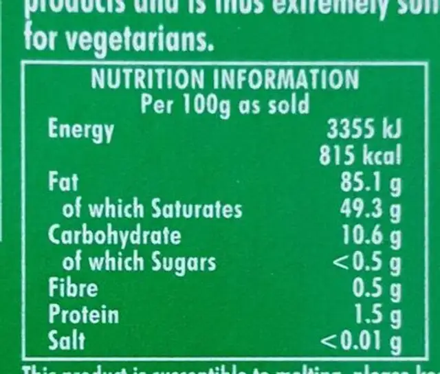 Vegetable suet nutrition facts table