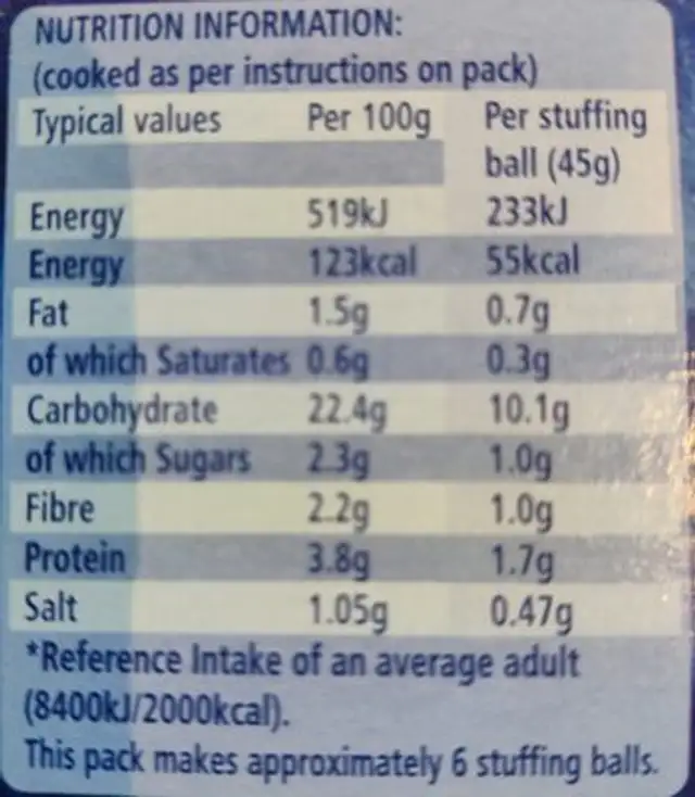 Stuffingmix Sage&Onion 85g Paxo nutrition facts table