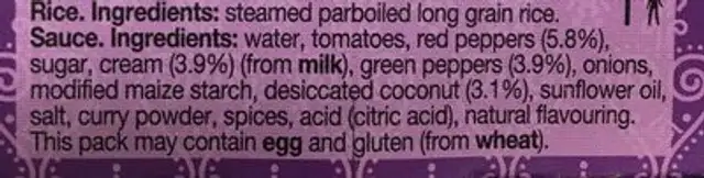 Rice time Korma ingredients label
