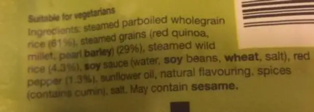 Uncle Bens 5 Wholegrains Rice ingredients label