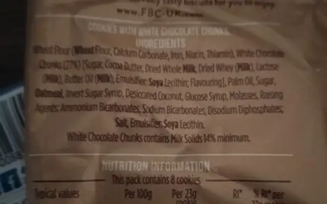 COOKIES WHITE CHOCOLATE ingredients label