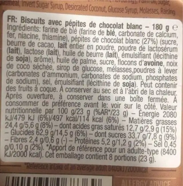 COOKIES WHITE CHOCOLATE nutrition facts table