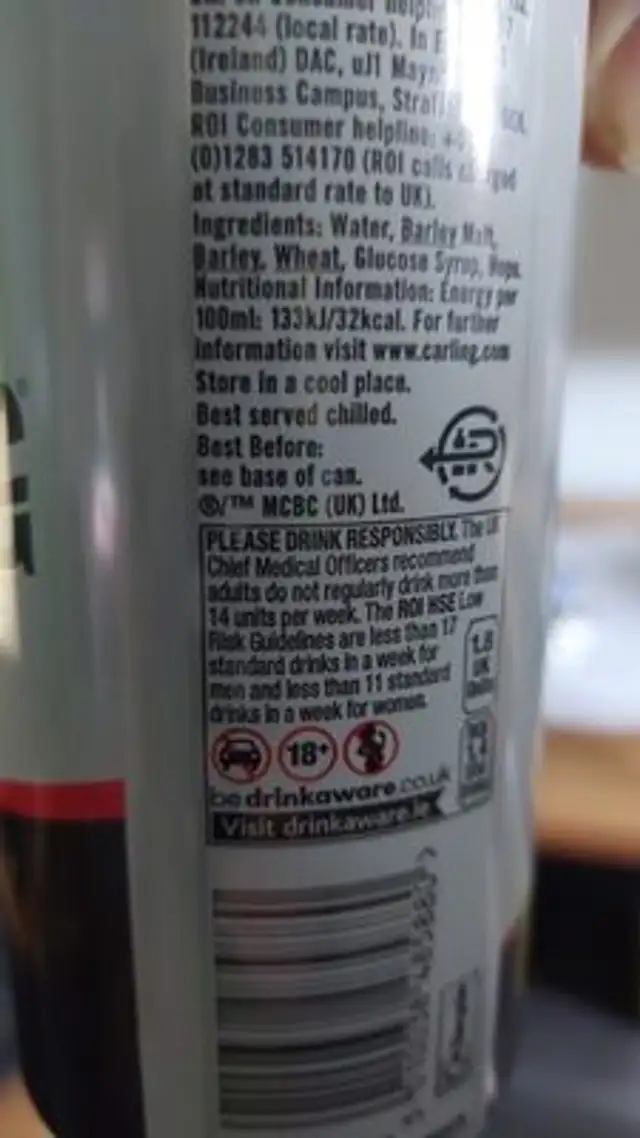 CARLING ORIGINAL LAGER- BURTON-ON-TR ingredients label