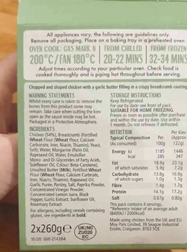 Garlic and herb chicken kievs nutrition facts table