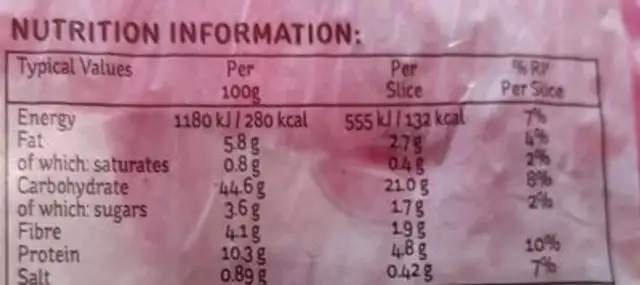 Kingsmill multi seed nutrition facts table