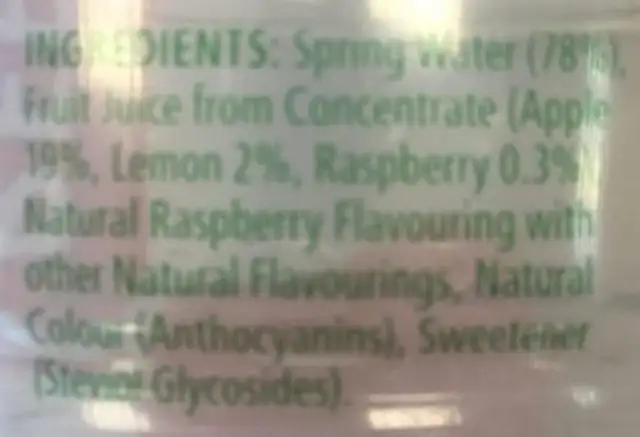 Refresh'd Raspberry & Apple ingredients label