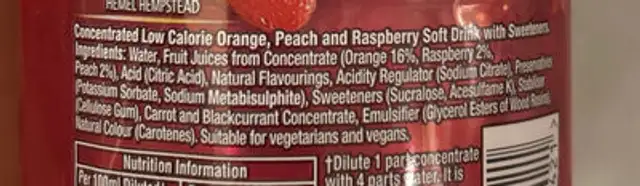 Fruit Creations Juicy Peach & Raspberry Squash ingredients label