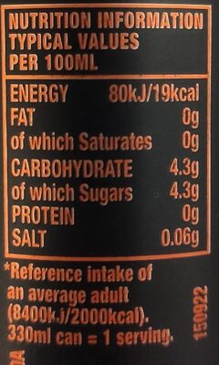 Tango Orange Original nutrition facts table