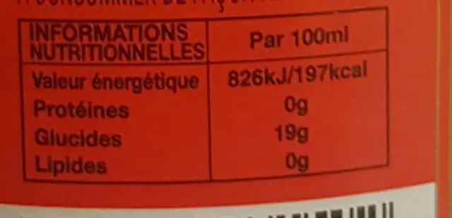 Picon Bière nutrition facts table