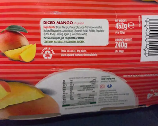 Nature’s Finest Mango in juice ingredients label