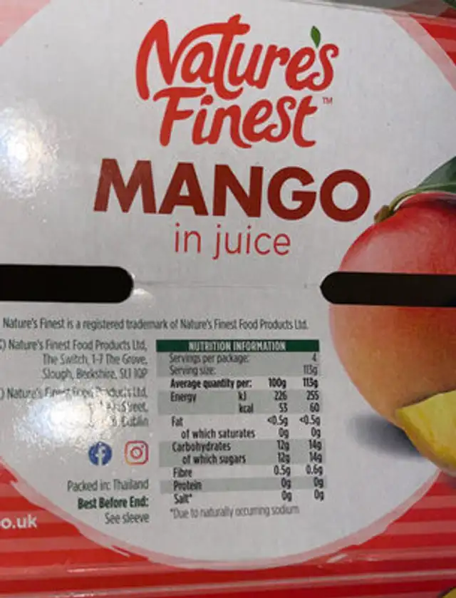 Nature’s Finest Mango in juice nutrition facts table