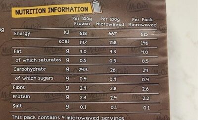 Quick Chips, Crinkle nutrition facts table