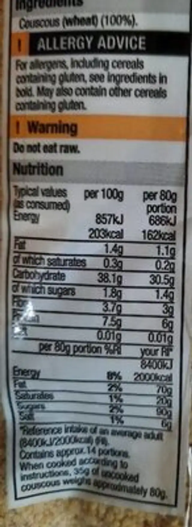 Couscous nutrition facts table