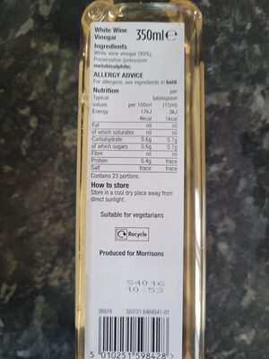 White win vinegar nutrition facts table