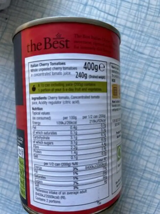Italian cherry tomatoes in tomato juice ingredients label
