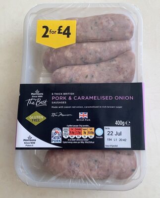 Pork & caramelised onion sausages front packaging