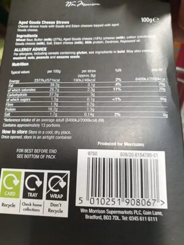 Morrisons The Best: All Butter Aged Gouda Cheese Straws ingredients label