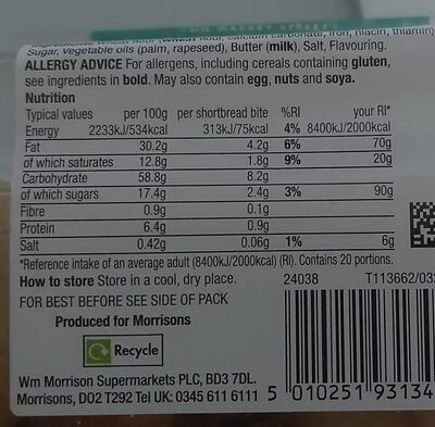 Shortbread Bites nutrition facts table