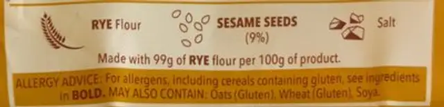Ryvita Crispbread Sesame Seed ingredients label