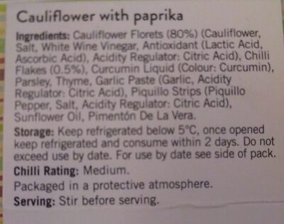 Cauliflower with paprika ingredients label