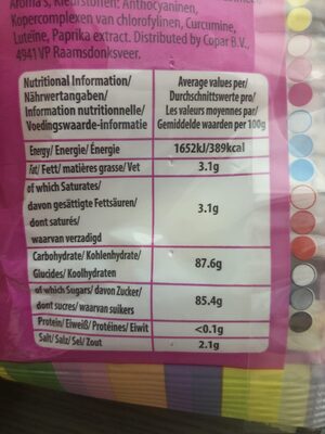 Swizzels Fizzers nutrition facts table