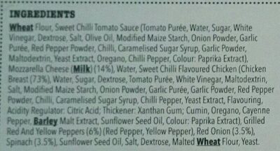 Sweet chilli chiken pizza ingredients label
