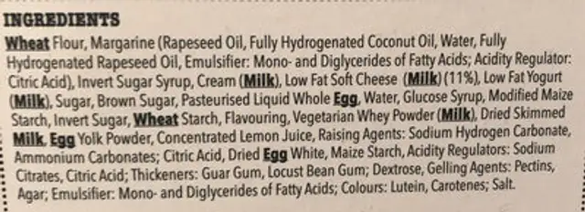 Lemon Cheesecake ingredients label