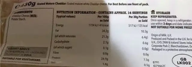 Mature cheese nutrition facts table