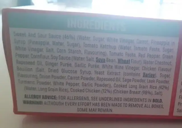 Sweet & Sour Chicken with Rice ingredients label