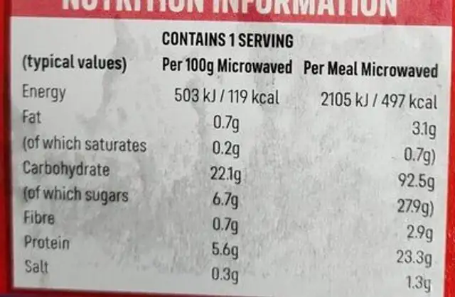 Sweet & Sour Chicken with Rice nutrition facts table