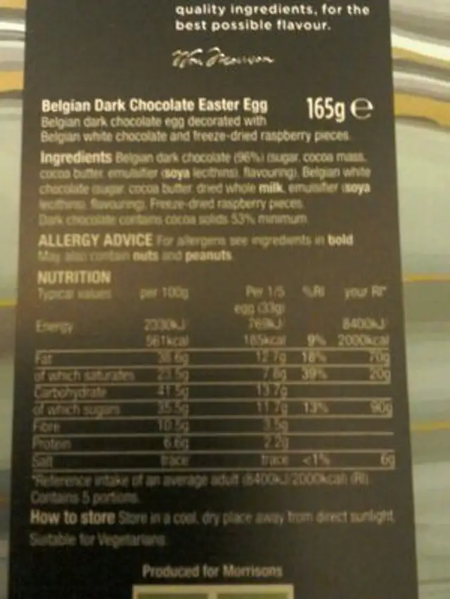 Belgian dark chocolate master egg nutrition facts table