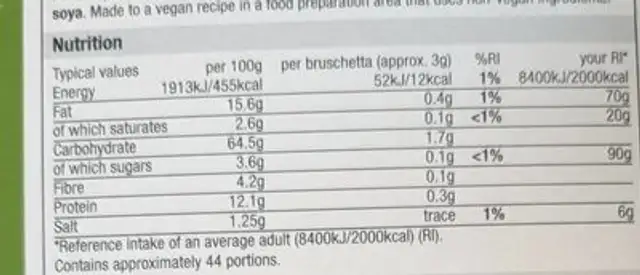 Sea Salt Extra Virgin Olive Oil Bruschetta nutrition facts table