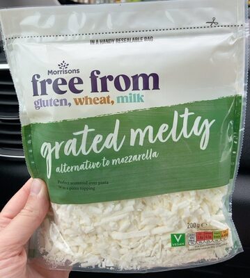 Morrisons Free From Grated Melty Alternative to Mozzarella front packaging