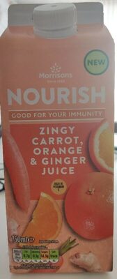 Nourish Zingy Carrot, Orange & Ginger Juice front packaging