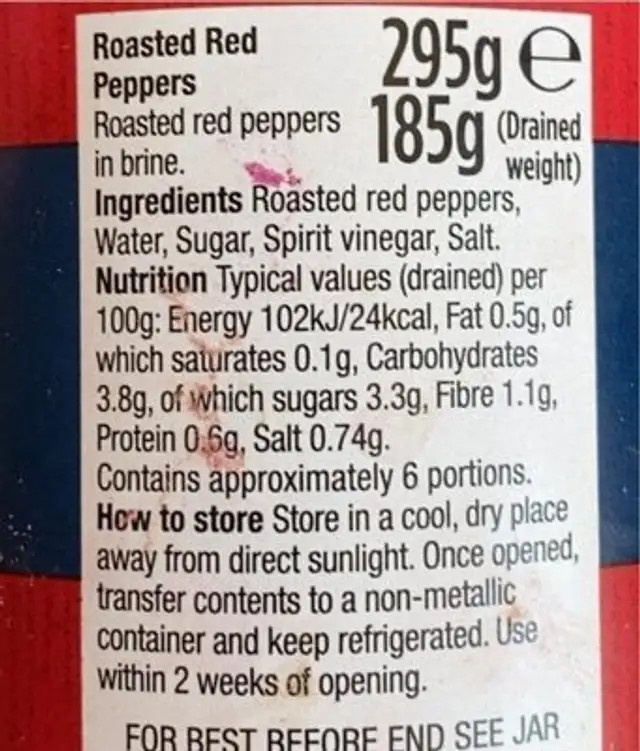 Roasted Red Peppers nutrition facts table