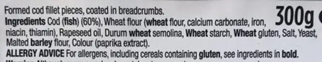 Chunky cod fish fingers ingredients label