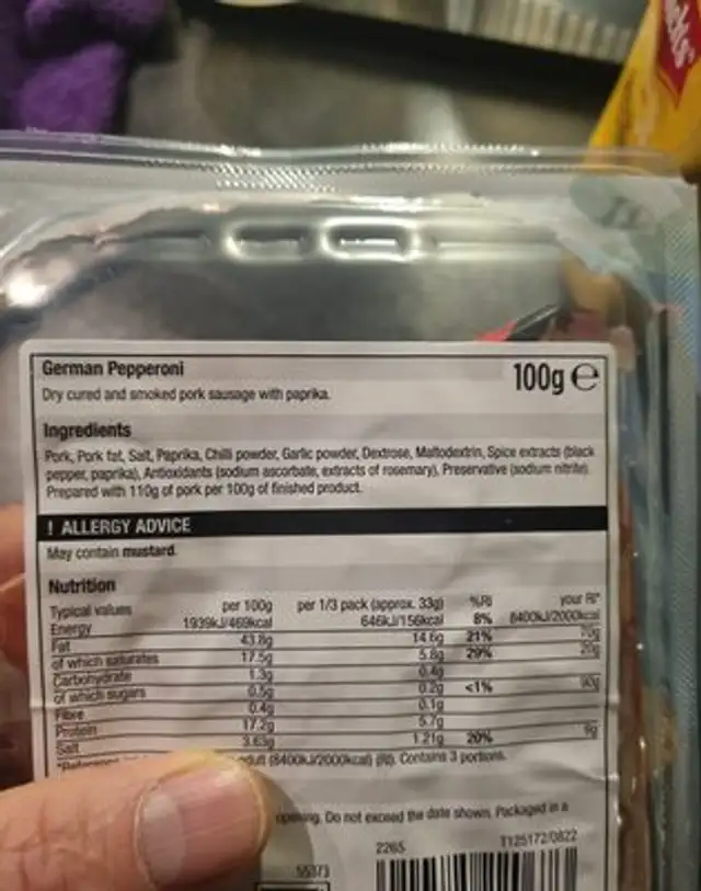 Pepperoni ingredients label